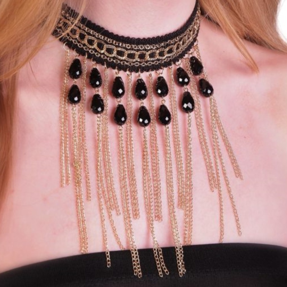 Black Lace Chocker With Gold Chains & Black Beads